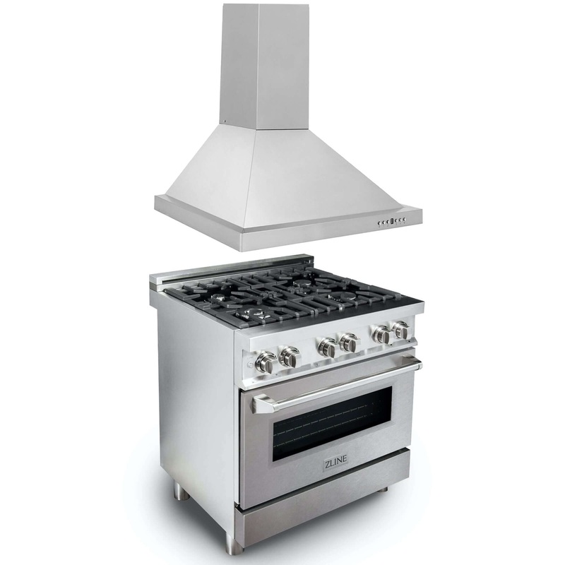 ZLINE 30 in. Kitchen Package with Satin Stainless Steel Dual Fuel Range and Convertible Vent Range Hood (2KP-RASNRH30)