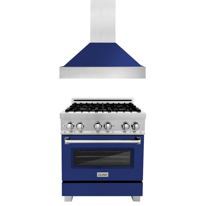 ZLINE 30 in. Kitchen Package with Satin Stainless Steel Dual Fuel Range with Blue Gloss Door and Convertible Vent Range Hood (2KP-RASBGRH30)