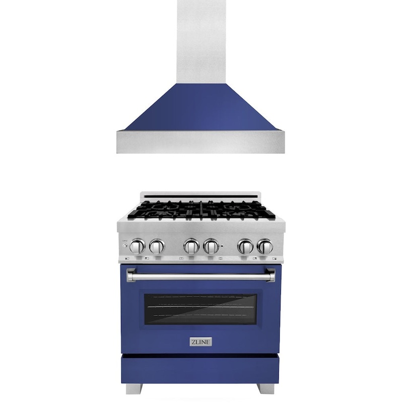 ZLINE 30 in. Kitchen Package with Satin Stainless Steel Dual Fuel Range with Blue Matte Door and Convertible Vent Range Hood (2KP-RASBMRH30)