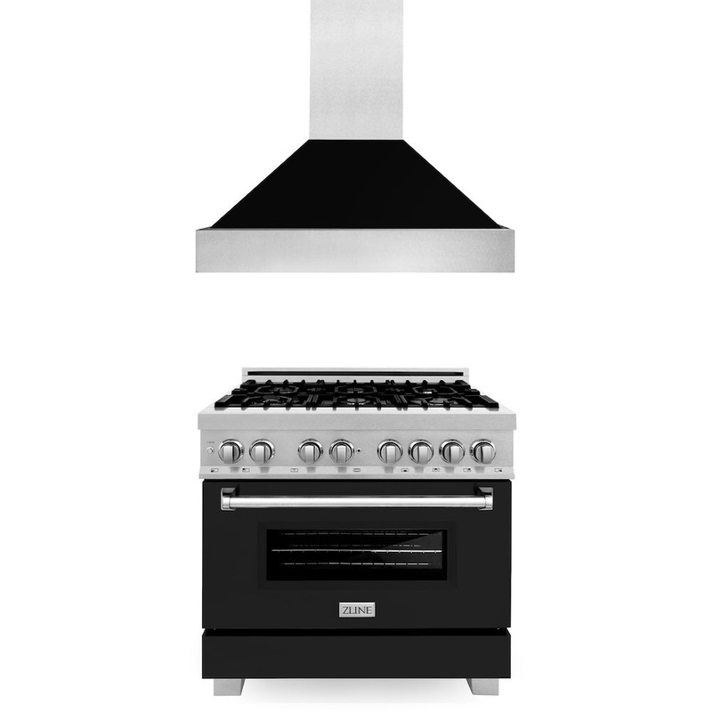 ZLINE 36 in. Kitchen Package with Satin Stainless Steel Dual Fuel Range with Black Matte Door and Convertible Vent Range Hood (2KP-RASBLMRH36)