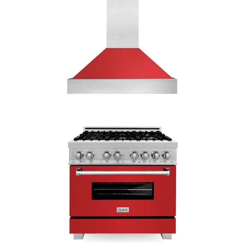 ZLINE 36 in. Kitchen Package with Satin Stainless Steel Dual Fuel Range with Red Matte Door and Convertible Vent Range Hood (2KP-RASRMRH36)