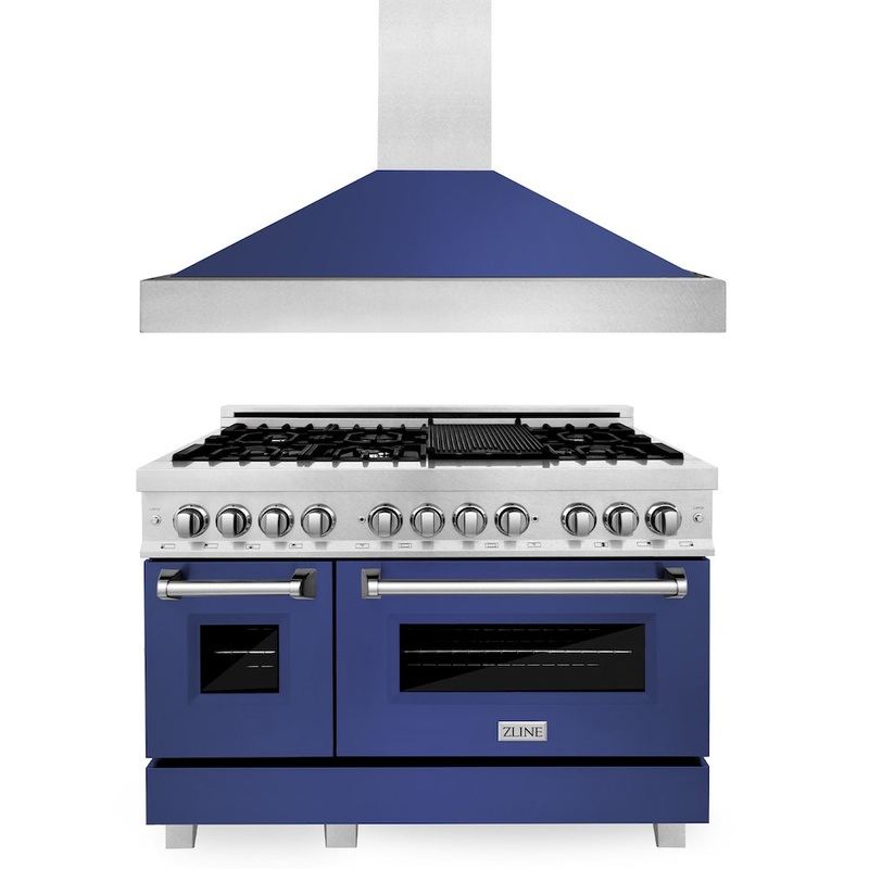 ZLINE 48 in. Kitchen Package with Satin Stainless Steel Dual Fuel Range with Blue Matte Door and Convertible Vent Range Hood (2KP-RASBMRH48)