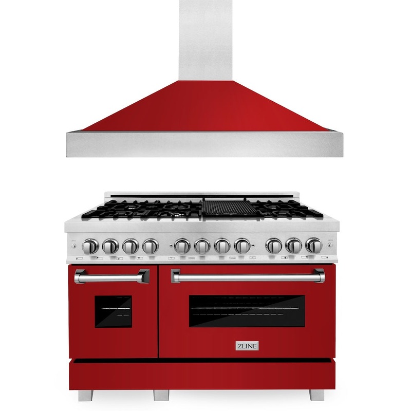 ZLINE 48 in. Kitchen Package with Satin Stainless Steel Dual Fuel Range with Red Gloss Door and Convertible Vent Range Hood (2KP-RASRGRH48)