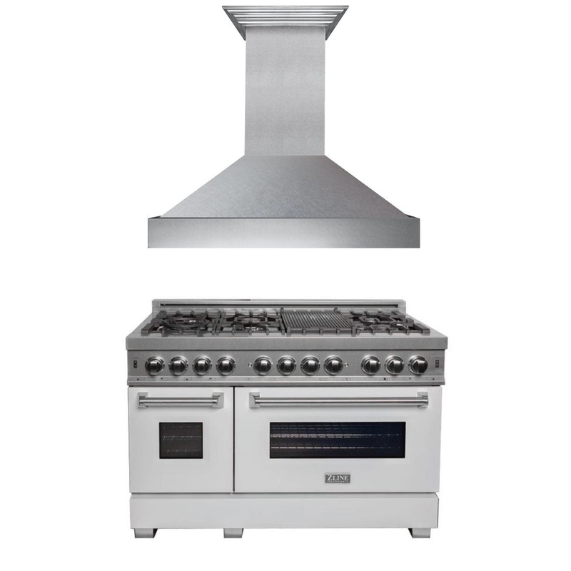 ZLINE 48 in. Kitchen Package with Satin Stainless Steel Dual Fuel Range with White Matte Door and Convertible Vent Range Hood (2KP-RASWMRH48)