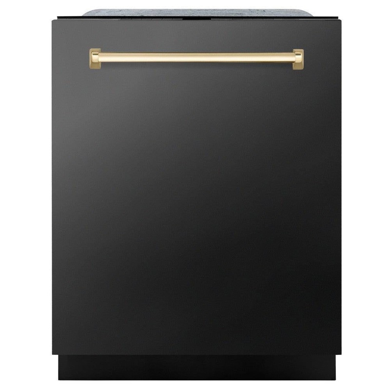 ZLINE Autograph Edition 24 in. Monument Series 3rd Rack Top Touch Control Tall Tub Dishwasher in Black Stainless Steel with Polished Gold Handle, 45dBa (DWMTZ-BS-24-G)