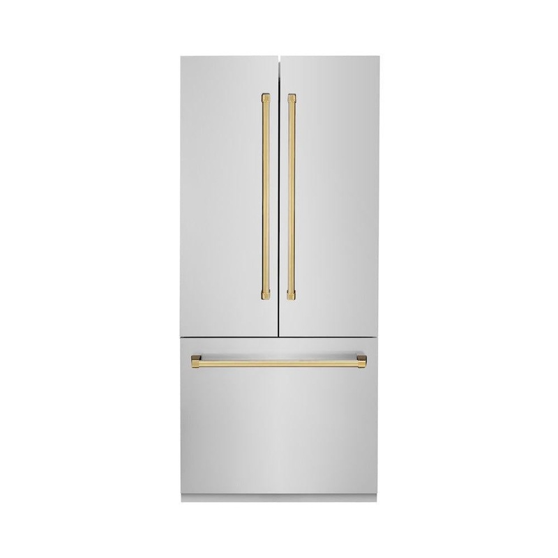 ZLINE Autograph Edition 36 in. 19.6 cu. ft. French Door Built-In Bottom Freezer Refrigerator with Water Dispenser and Ice Maker in Stainless Steel with Champagne Bronze Accents (RBIVZ-304-36-CB)