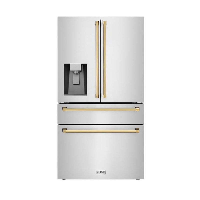 ZLINE Autograph Edition 36 in. 21.6 cu. ft. Counter-Depth French Door Refrigerator with Water and Ice Dispenser in Fingerprint-Resistant Black Stainless Steel with Polished Gold Traditional Handles (RFMZ-W-36-BS-G)