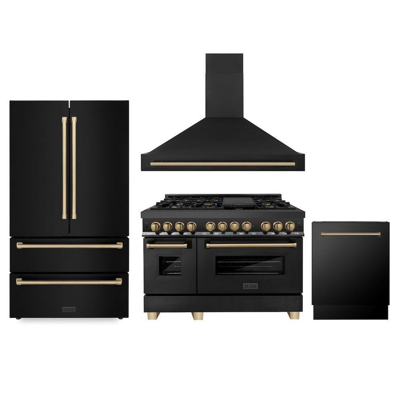 ZLINE Autograph Edition 48 in. Kitchen Package with Black Stainless Steel Dual Fuel Range, Range Hood, Dishwasher and Refrigeration with Champagne Bronze Accents (4AKPR-RABRHDWV48-CB)