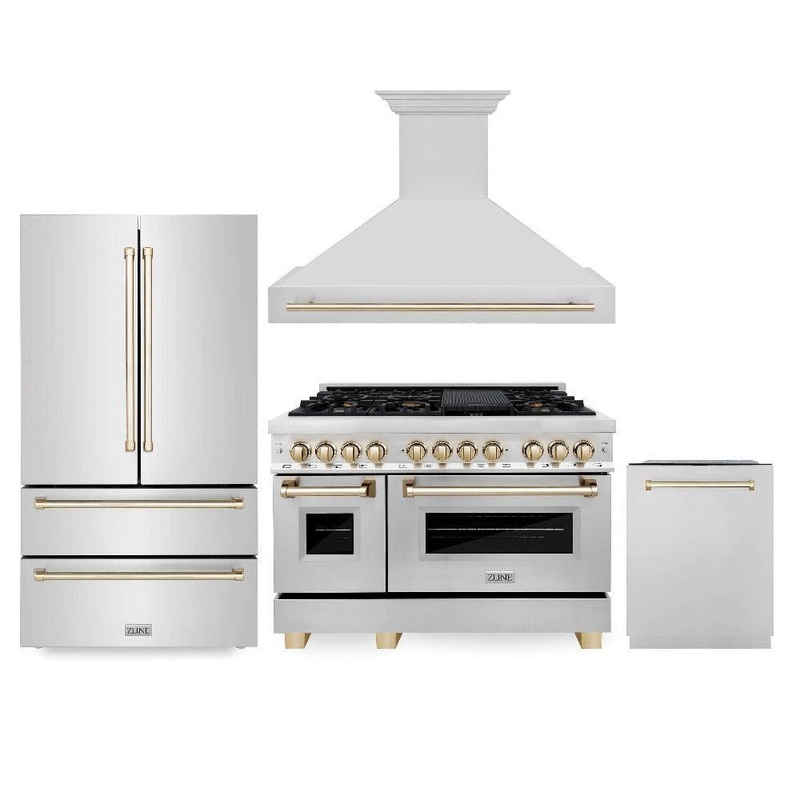ZLINE Autograph Edition 48 in. Kitchen Package with Stainless Steel Dual Fuel Range, Range Hood, Dishwasher and Refrigeration with Champagne Bronze Accents (4KAPR-RARHDWM48-CB)