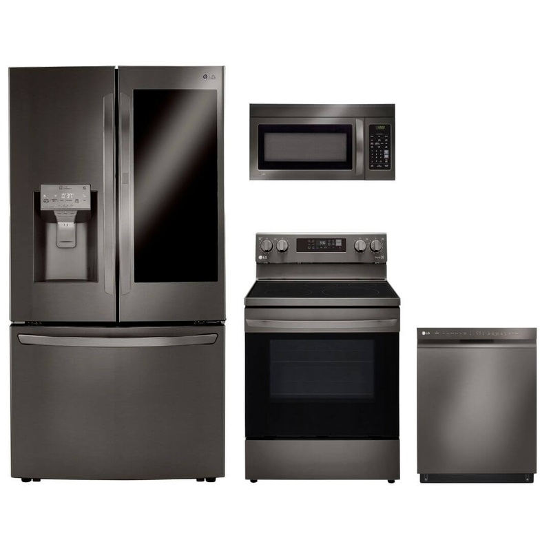 LG 4-Piece Black Stainless Kitchen Appliance Package with Range, French Door Refrigerator, Microwave, and Dishwasher (4KAP-LRLRLDLM6D)