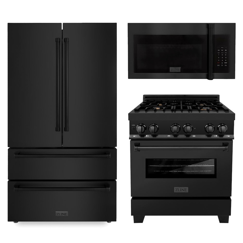ZLINE Kitchen Package with Black Stainless Steel Refrigeration, 30 in. Dual Fuel Range and 30 in. Traditional Over the Range Microwave (3KPR-RABOTRH30)