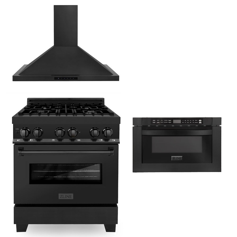 ZLINE 30 in. Kitchen Package with Black Stainless Steel Dual Fuel Range, Convertible Vent Range Hood and Microwave Drawer (3KP-RABRH30-MW)