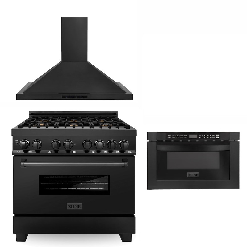 ZLINE 36 in. Kitchen Package with Black Stainless Steel Dual Fuel Range, Convertible Vent Range Hood and Microwave Drawer (3KP-RABRH36-MW)