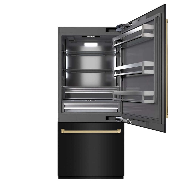 ZLINE Autograph Edition 36 in. 19.8 cu. ft. Built-In Bottom Freezer Refrigerator with Water Dispenser and Ice Maker in Black Stainless Steel and Champagne Bronze Accents (RBITZ-BS-36-CB)