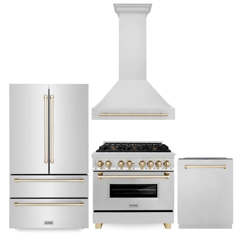 ZLINE Autograph Edition 36 in. Kitchen Package with Stainless Steel Dual Fuel Range, Range Hood, Dishwasher and Refrigeration with Champagne Bronze Accents (4AKPR-RARHDWM36-CB)
