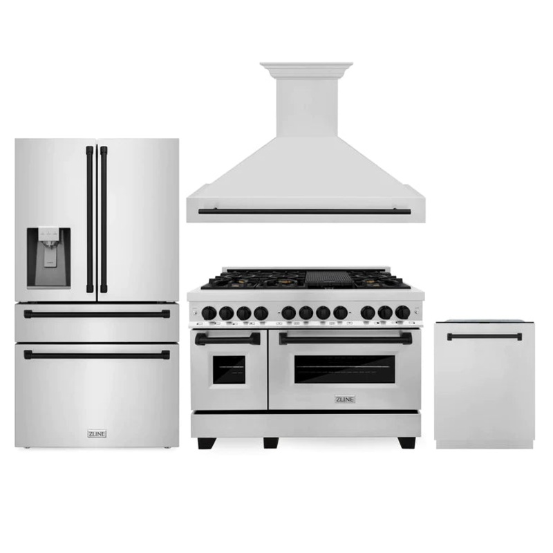 ZLINE Autograph Edition 48 in. Kitchen Package with Stainless Steel Dual Fuel Range, Range Hood, Dishwasher and Refrigeration with Champagne Bronze Accents (4AKPR-RARHDWM48-CB)
