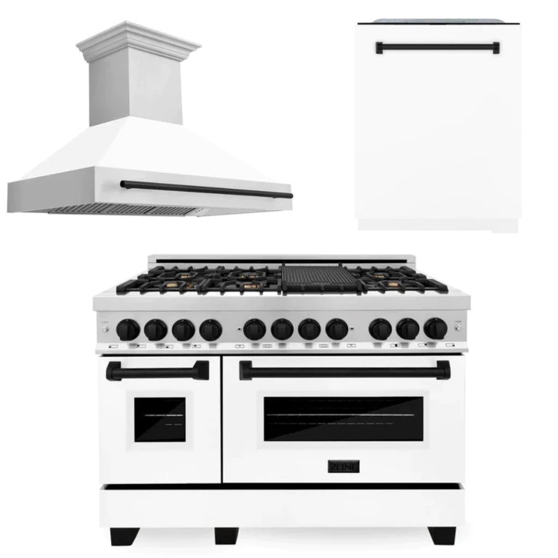 ZLINE Autograph Edition 48 in. Kitchen Package with Stainless Steel Dual Fuel Range with White Matte Door, Range Hood and Dishwasher with Champagne Bronze Accents (3AKP-RAWMRHDWM48-CB)