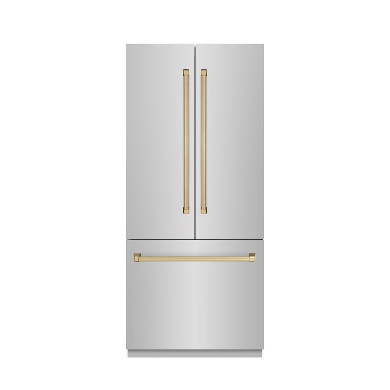 ZLINE Autograph Edition 36 in. 19.6 cu. ft. French Door Built-In Bottom Freezer Refrigerator with Water Dispenser and Ice Maker in White Matte with Stainless Steel Interior and Champagne Bronze Accents (SRBIVZ-WM-36-CB)