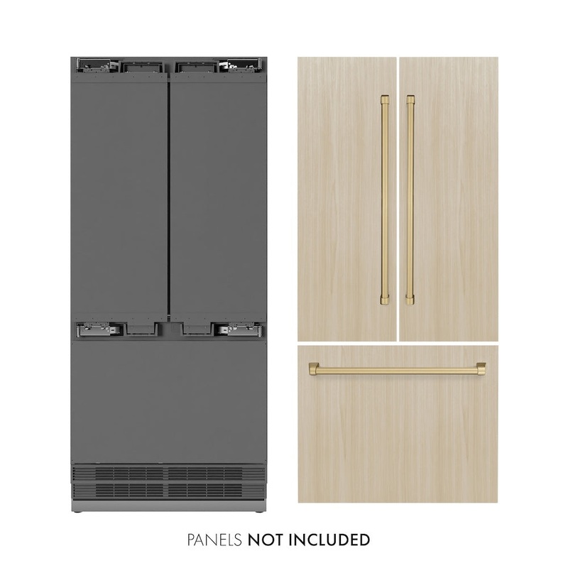 ZLINE Autograph Edition 36 in. 19.6 cu. ft. Panel Ready French Door Built-In Bottom Freezer Refrigerator with Water Dispenser and Ice Maker with Stainless Steel Interior and Champagne Bronze Accents (SRBIVZ-36-CB)