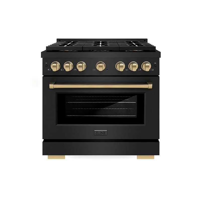 ZLINE Autograph Edition 36 in. 5.2 cu. ft. Paramount Gas Range with 6 Burner DuoPro Cooktop and Convection Gas Oven in Black Stainless Steel and Champagne Bronze Accents (PSGRBZ-36-CB)