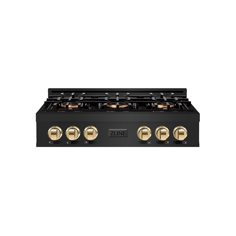 ZLINE Autograph Edition 36 in. Classic Gas Rangetop with 6 Burner DuoPro Cooktop in Black Stainless Steel and Polished Gold Accents (PCRTBZ-36-G)