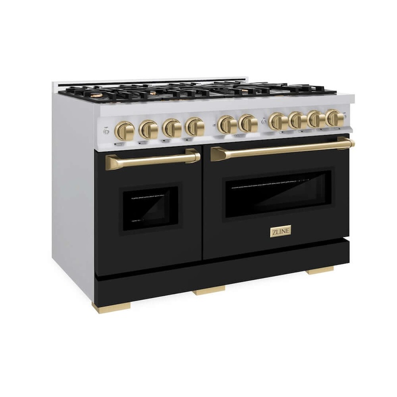 ZLINE Autograph Edition 48 in. 6.7 cu. ft. Classic Double Oven Dual Fuel Range with 8 Burner Gas Cooktop in Stainless Steel with Black Matte Doors and Champagne Bronze Accents (CDRZ-BLM-48-CB)