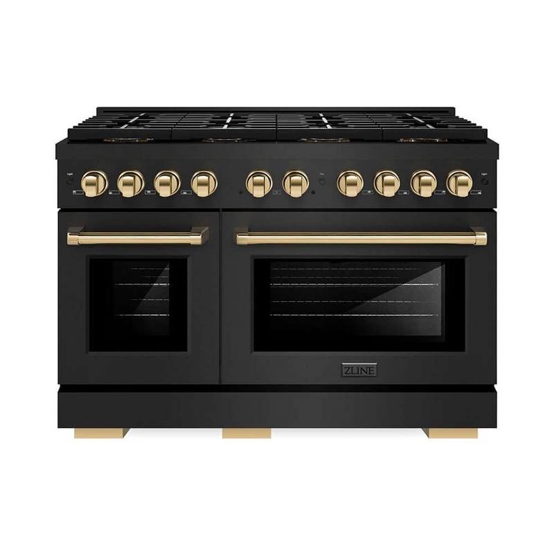 ZLINE Autograph Edition 48 in. 6.7 cu. ft. Paramount Dual Fuel Range with 8 Burner DuoPro Cooktop and Dual Ovens in Black Stainless Steel and Champagne Bronze Accents (PSDRBZ-48-CB)