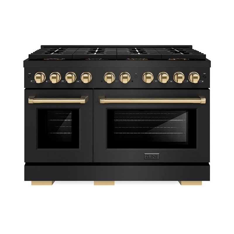 ZLINE Autograph Edition 48 in. 6.7 cu. ft. Paramount Gas Range with 8 Burner DuoPro Cooktop and Dual Ovens in Black Stainless Steel and Polished Gold Accents (PSGRBZ-48-G)
