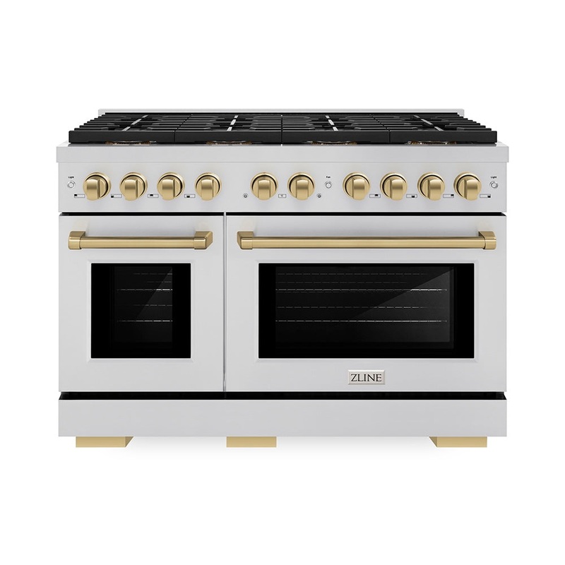 ZLINE Autograph Edition 48 in. 6.7 cu. ft. Paramount Gas Range with 8 Burner DuoPro Cooktop and Dual Ovens in Stainless Steel and Champagne Bronze Accents (PSGRZ-48-CB)