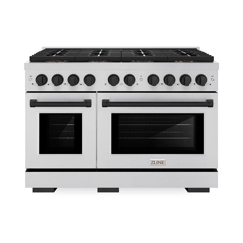 ZLINE Autograph Edition 48 in. 6.7 cu. ft. Paramount Gas Range with 8 Burner DuoPro Cooktop and Dual Ovens in Stainless Steel and Matte Black Accents (PSGRZ-48-MB)