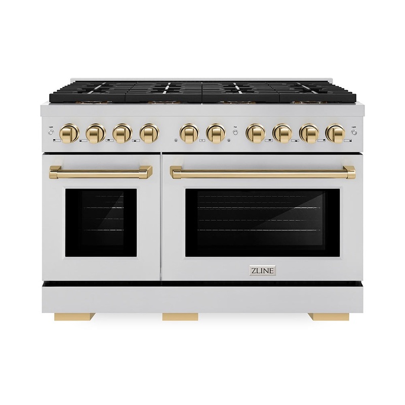 ZLINE Autograph Edition 48 in. 6.7 cu. ft. Paramount Gas Range with 8 Burner DuoPro Cooktop and Dual Ovens in Stainless Steel and Polished Gold Accents (PSGRZ-48-G)