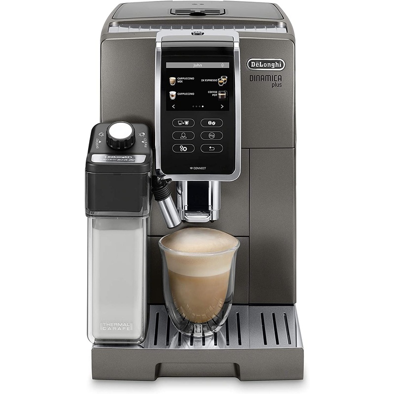 DeLonghi Dinamica Plus Connected Fully Automatic Espresso Maker: colour touch display, CoffeeLink connectivity app, automatic milk frother, titanium | ECAM37095TI