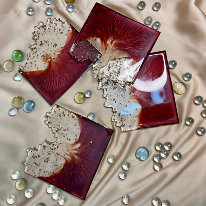 Handmade Resin Art Maroon Set Of 4 Coasters