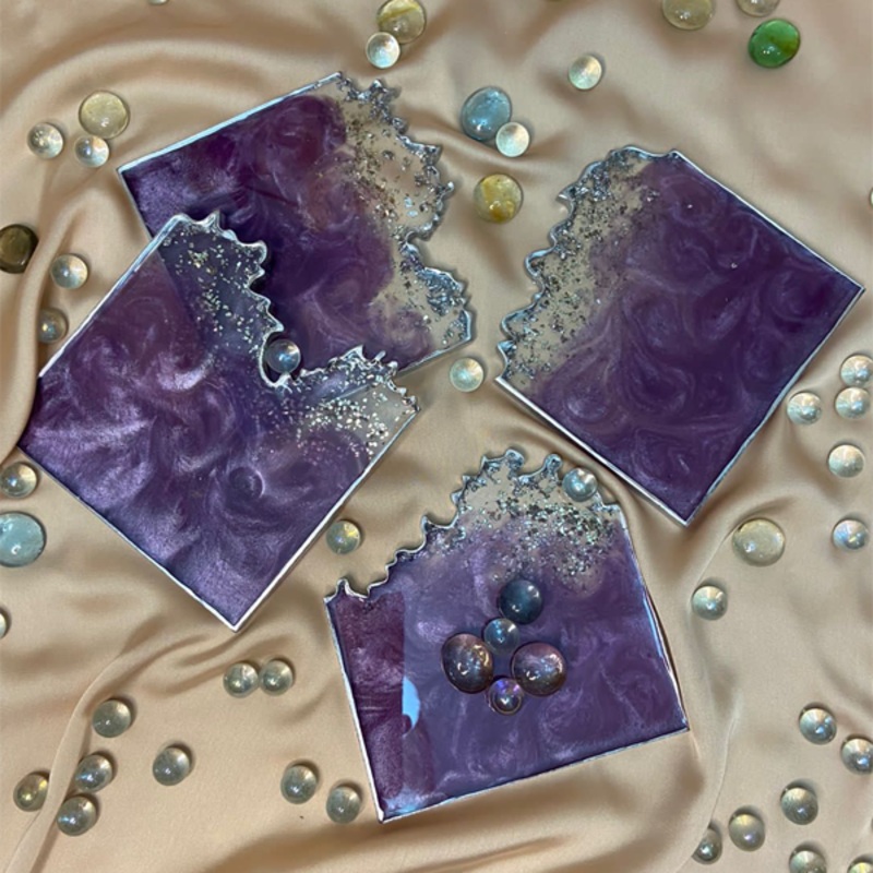 Handmade Resin Art Purple Set Of 4 Coasters