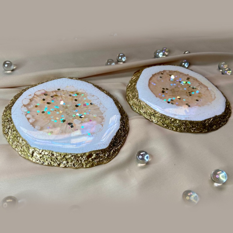 Handmade Resin Art Crusty Edge Peachy White Pair of Coasters