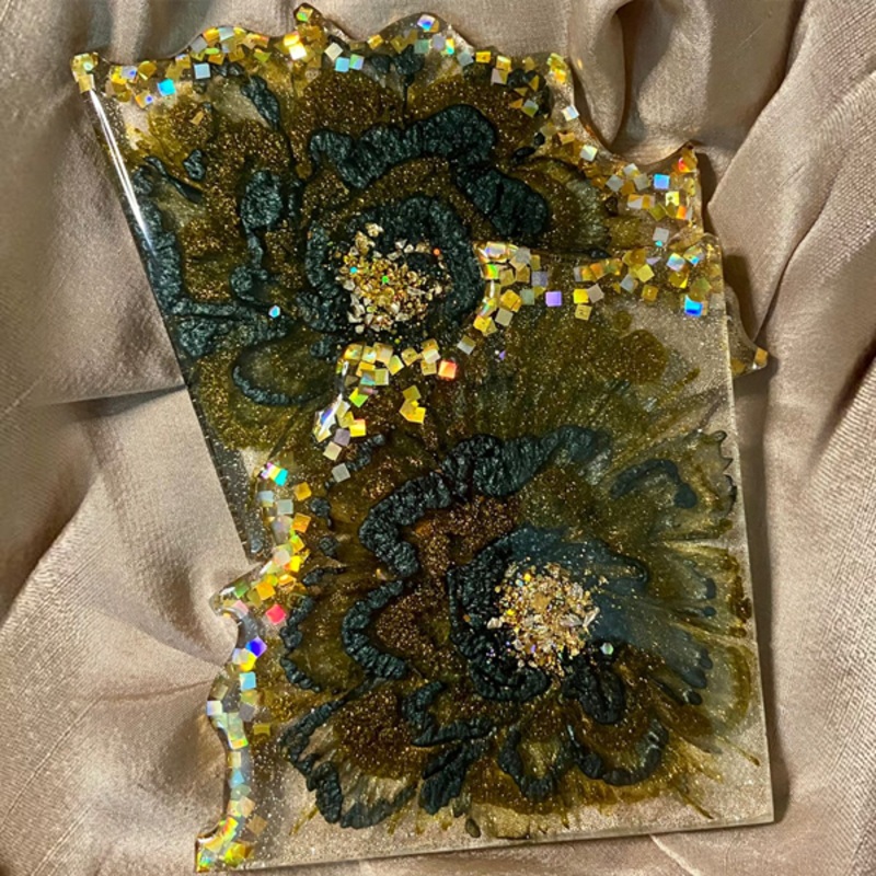 Handmade Resin Art Iris Green & Gold Flower Set Of 4 Coasters