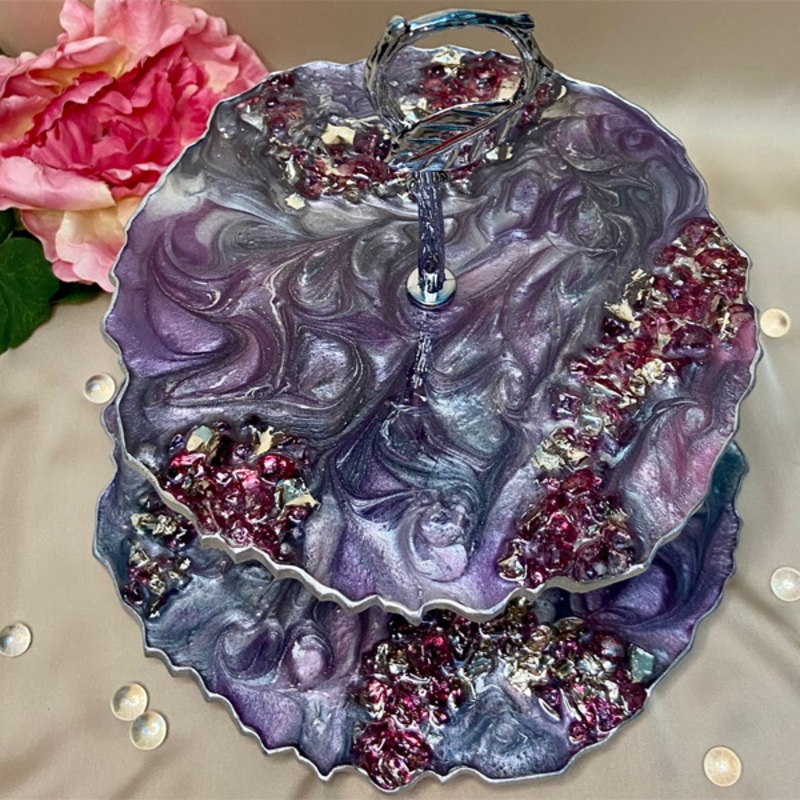 Handmade Resin Art Purpler Swirl 2 Tier Serving Platter