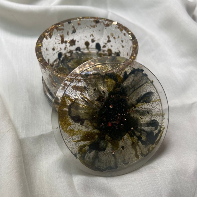 Handmade Resin Art Small Jewellery Box - Green & Gold Flower