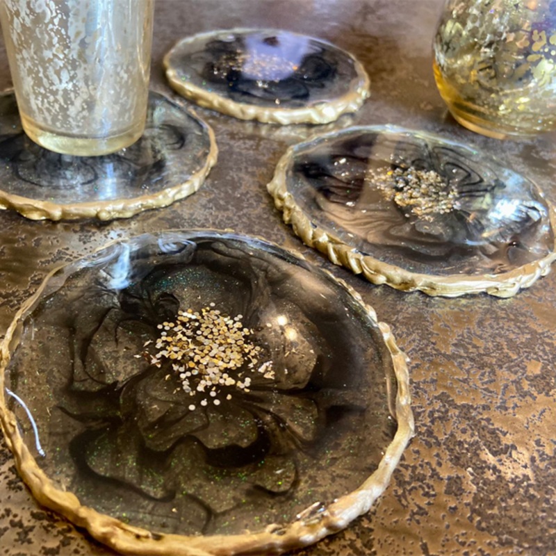 Handmade Resin Art Texture Edge Clear Black Flower Coaster Set