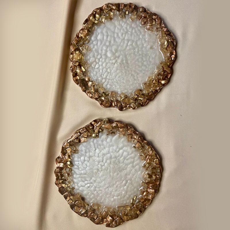 Handmade Resin Art White Veins With Copper and Gold Stones Coaster Pair