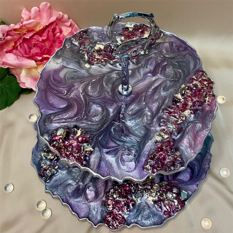 Handmade Resin Art Purple Swirl 2 Tier Serving Platter