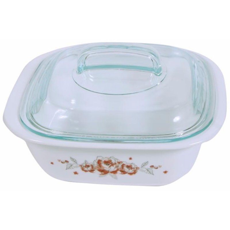 Corelle 1.41L Square Dish Brushed Stroke Roses W/ Glass Cover & Plastic Lid