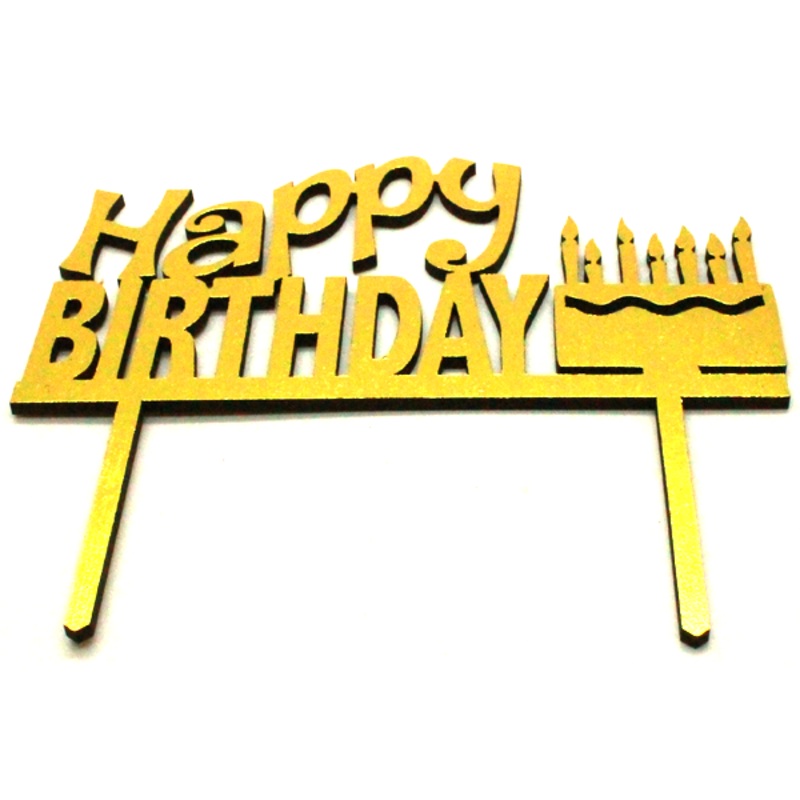 Happy Birthday Wooden Cake Topper Golden