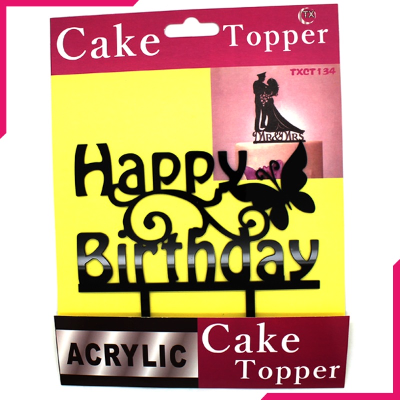 Cake Topper Happy Birthday Butterfly Black