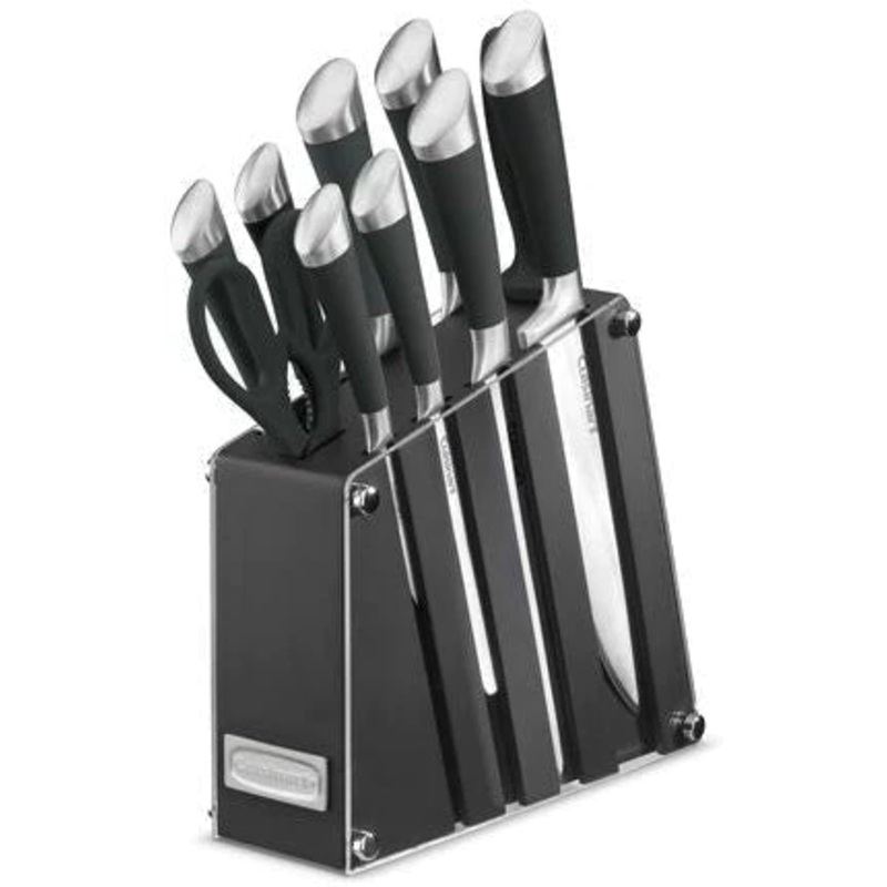 Cuisinart Acrylic 11-Piece Knife Block Set: includes 8" chef knife, 8" bread knife, 8" carving knife, 7" santoku knife, 5.5" serrated utility knife, 5" paring knife, 3.5" paring knife, 3" bird's bea | C77SS-11BKC
