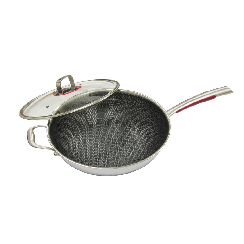 Laser Etched Hybrid non-stick 3-ply stainless steel Wok |BCHW34G| 34cm with glass lid