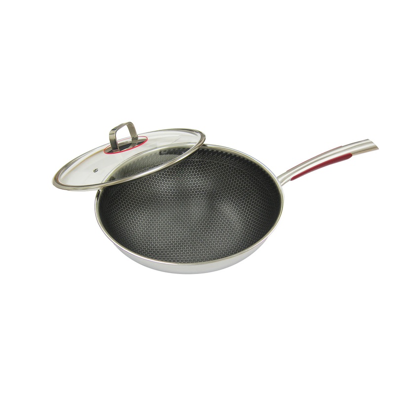 Laser Etched Hybrid non-stick 3-ply stainless steel Wok |BCHW32G| 32cm with glass lid