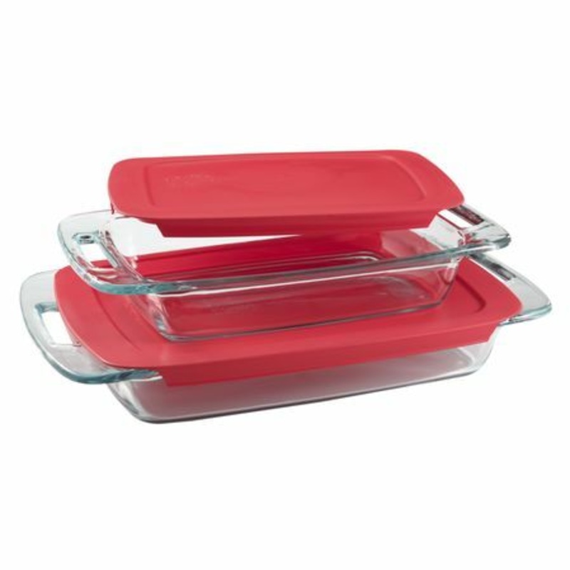 Pyrex Easy Grab 4-Piece Glass Baking Set | 1090992 | Includes 3-Qt and 2-Qt Oblong Baking Dishes with Red Plastic Covers