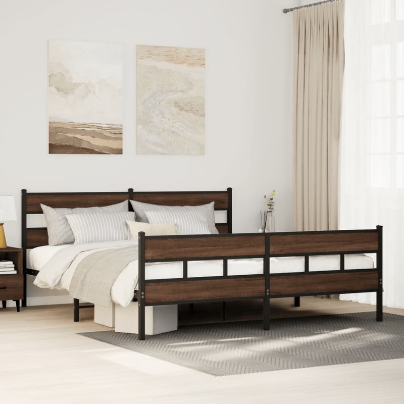 Cadre de lit en mtal sans matelas chne marron 193x203 cm