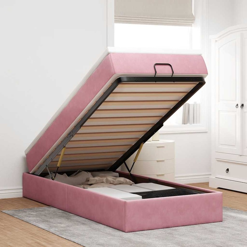 Cadre de lit ottoman avec matelas rose 90x200 cm velours